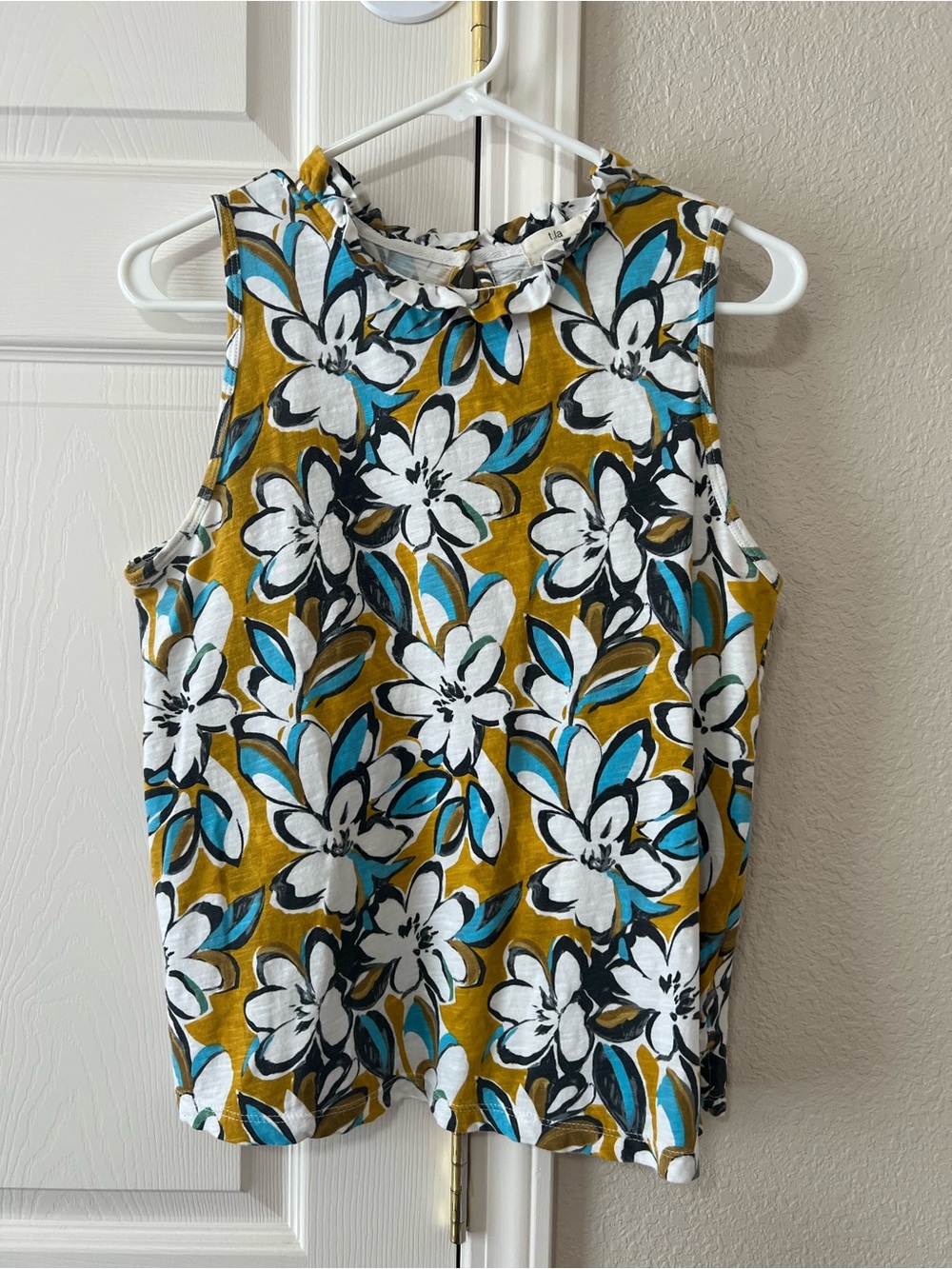 T.la Anthropologie Mustard Floral Sleeveless Ruffle Neck Top Size Small